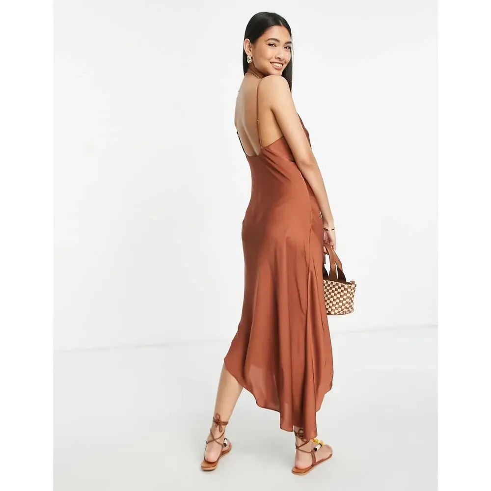 AllSaints Alexia ruched satin asymmetric midi dress in bronze Size 2 XS - Picture 2 of 8